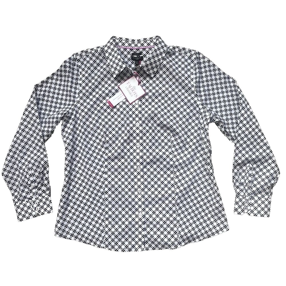 NWT Talbots Non-Iron Sz 14P Black/White Geometric Print Button Up Shirt Stretch - Picture 2 of 9